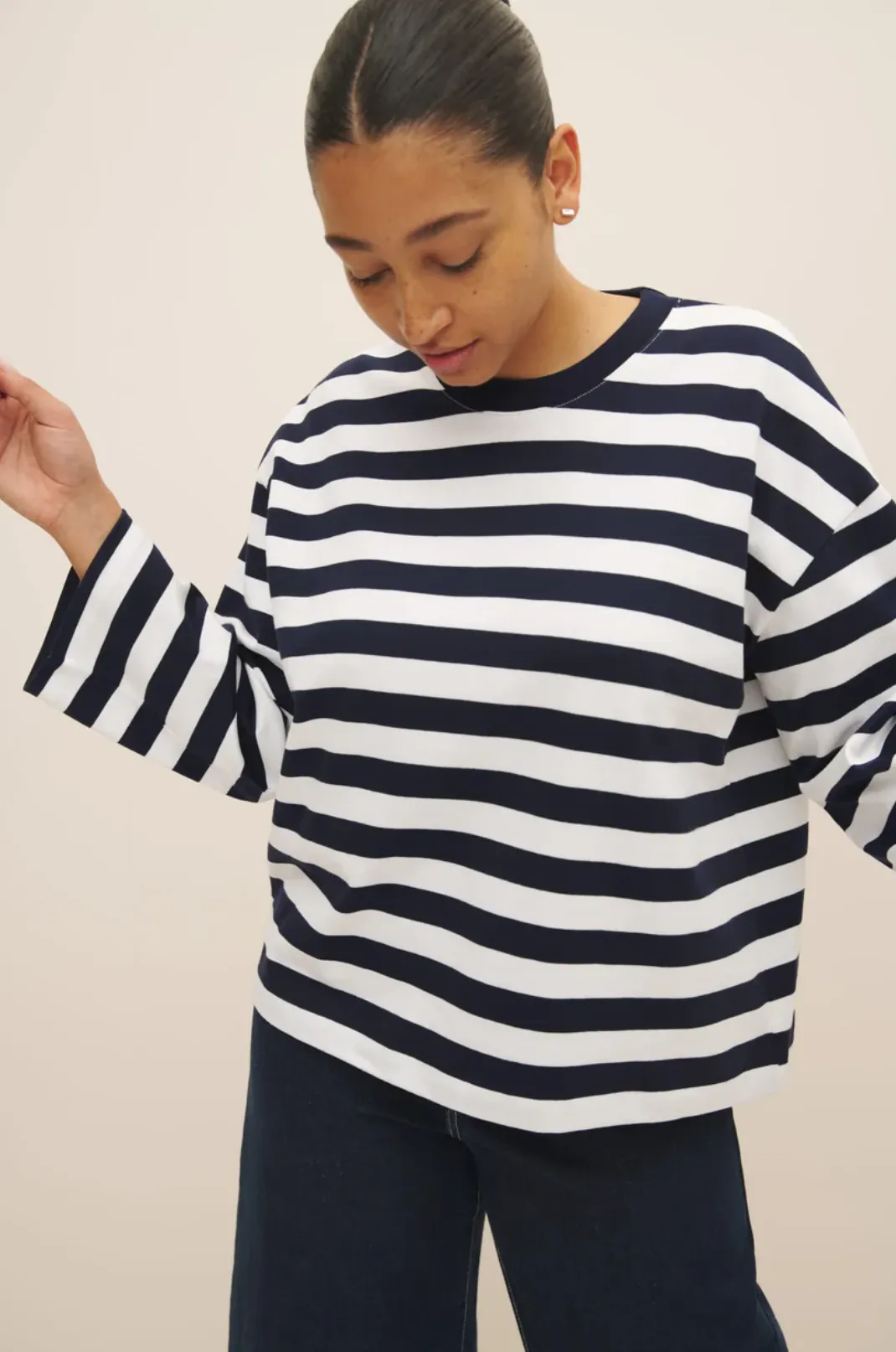 Heavy Boxy Long Sleeve Top, Navy/White Stripe