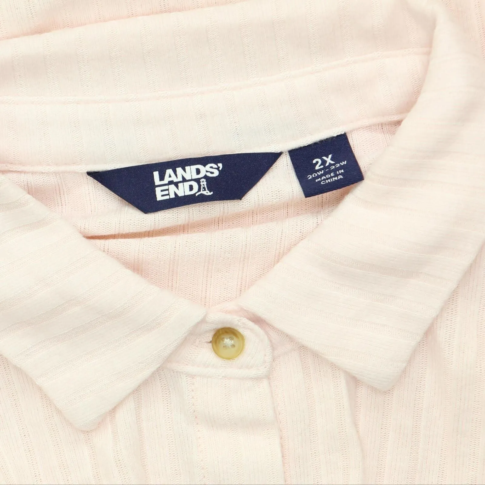 Lands End Womens Long Sleeve Wide Rib Button Front Polo Shirt Pale Petal Pink 2X