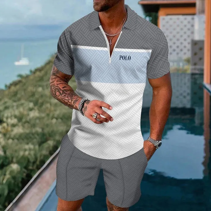 Men's Geometric Print Casual Short-Sleeved Polo Two-Piece Set 2411005100
